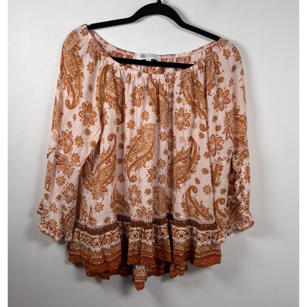 Fever Boho Paisley Print Square Neck Ruffle Hem cottagecore Blouse Top Size M